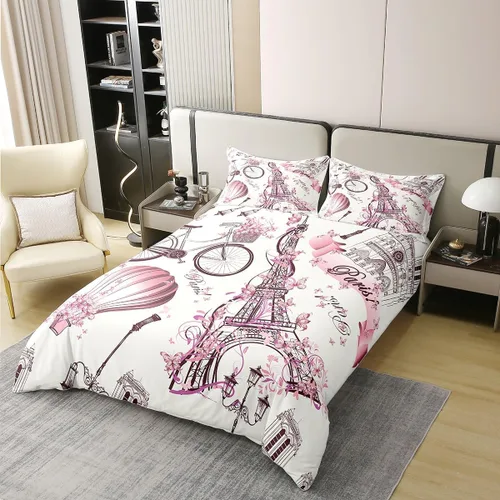 Miniatura 2 de Juego de funda de edredón de 100 % algodón natural con diseño de la Torre Eiffel para parejas, juego de ropa de cama floral rosa, funda de edredón