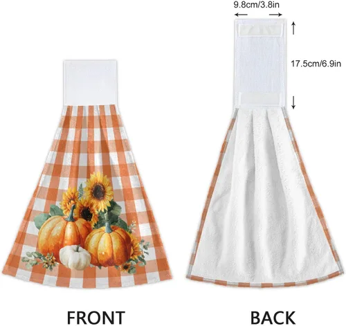 Miniatura 4 de Boccsty Toallas de Cocina Colgantes de Calabaza Otoñal 2 Piezas Cosecha Girasol Naranja Cuadros Buffalo Paños de Cocina con Lazo Toallas de Mano