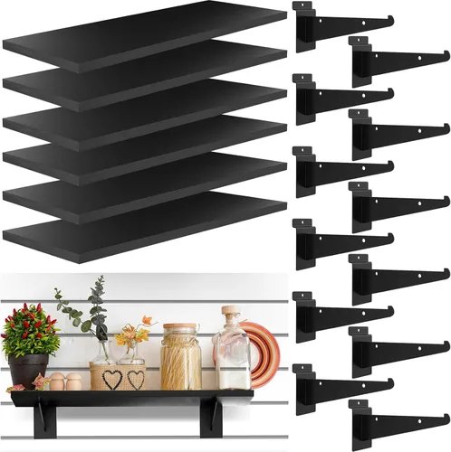 Paquete de 6 estantes de madera con listones de pared de 15.7 x 6 pulgadas, estantes de pared con soportes de metal, accesorios organizadores de