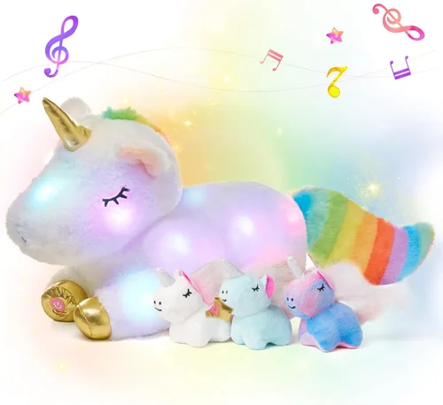 Miniatura 20 de Hopearl Conejo de peluche LED con luces, juguete de peluche con mamá y 3 bebés en su barriga, nana animada, calmante para mamá, niños pequeños