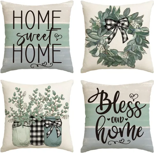 AVOIN Colorlife - Juego de 4 fundas de cojín con diseño de corona de cordero de eucalipto "Home Sweet Home", cojín de cuadros festivos de 16 x 16