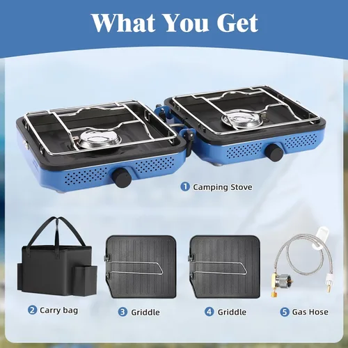 Miniatura 9 de Hisencn Estufa de campamento, estufa de campamento de propano de 2 quemadores, plancha dual, estufa de propano portátil de 30,000 BTU con bolsa