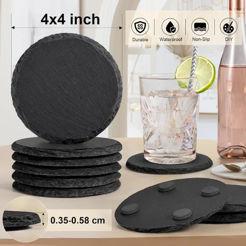 Miniatura 2 de 36 posavasos de pizarra a granel para grabado láser, 4 pulgadas, 18 piezas naturales hechas a mano de piedra negra, 18 posavasos redondos