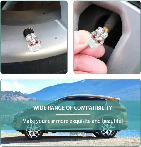 Miniatura 6 de Dickno 5 tapas de vástago de válvula de neumático estilo calavera con anillo de goma, cubiertas de tapones de aire de coche con ojos rojos, tapas
