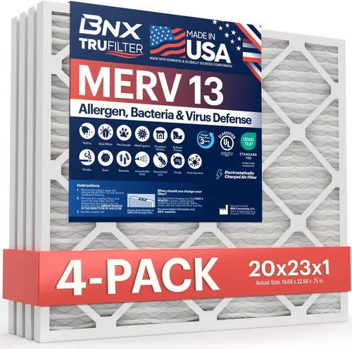 BNX TruFilter 20x23x1 filtro de aire MERV 13 (paquete de 4) - HECHO EN EE. UU. - Filtros plisados electrostáticos para aire acondicionado HVAC AC