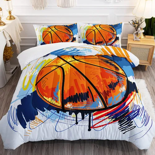 BSNTHO Juego de edredón de baloncesto para niños, juego de ropa de cama deportiva tamaño Queen para niños y adolescentes, diseño de edredón de