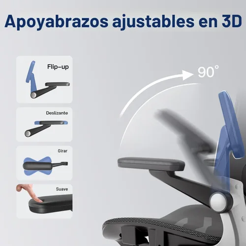 Miniatura 10 de marrap Silla de oficina ergonómica, cojín de asiento de malla con reposabrazos 3D y reposacabezas 3D, soporte lumbar ajustable con función de Negro