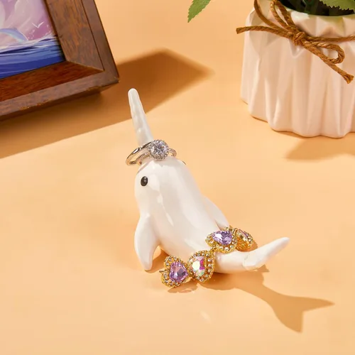 Miniatura 4 de Soporte para anillos de delfín blanco, bonita decoración, organizador de anillos pequeños, regalo único de delfín para mujeres, novia, novio