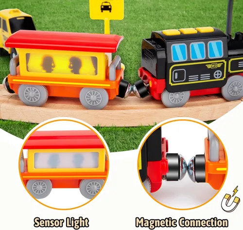 Miniatura 6 de Juego de tren de locomotora a pilas para vías de tren de madera, juguetes de tren eléctrico para niños pequeños, conexión magnética, potente juego