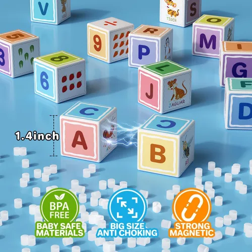 Miniatura 5 de Bloques magnéticos Asago ABC 123 Alfabeto colorido impreso, bloques de construcción para niños pequeños de 1 a 3 años, cubos magnéticos juguetes