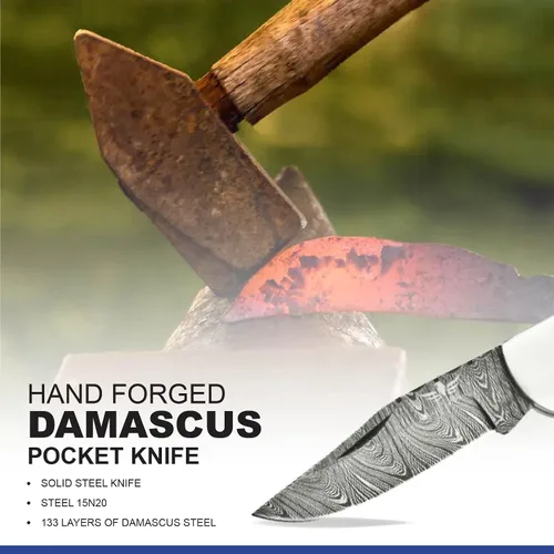 Miniatura 4 de Cuchillo de bolsillo de damasco Lara Eagle para hombres - Cuchillo plegable de caza de 133 capas de acero sólido hecho a mano con afilador y funda