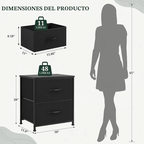 Miniatura 3 de Mesita de noche mejorada, pequeña mesa auxiliar de 2 cajones, muebles de noche, contenedores de tela superior de madera para dormitorio, armario