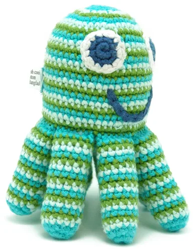 Miniatura 4 de Pebble Sonajero de bebé de pulpo hecho a mano, rayas verdes, océano, playa, costero, juguete de ganchillo para bebé, comercio justo, lavable a