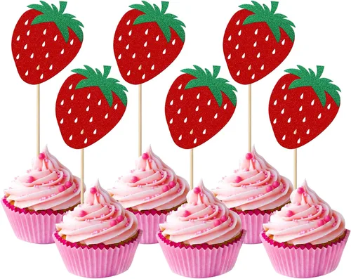 Miniatura 35 de Paquete de 24 adornos para cupcakes Sweet One con purpurina para primer cumpleaños, fresa, cupcakes, para frutas, baby shower, primer cumpleaños