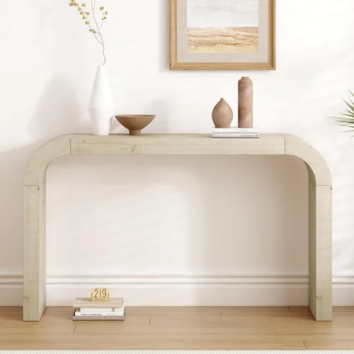 Miniatura 14 de Elegante mesa consola de 63 pulgadas con chapa de pino y patas geométricas, aparador de buffet versátil, mesa auxiliar de madera extra larga