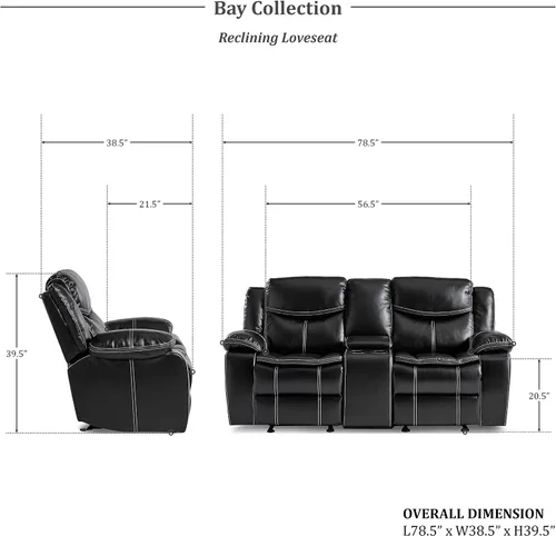 Miniatura 2 de Lexicon Bay - Juego de sofá reclinable manual, 2 piezas, color negro