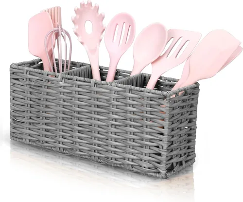 Miniatura 7 de Ayiaren Organizador de cubiertos de plástico gris para cubiertos, organizador de utensilios pequeños para encimera de cocina, fiesta, cubiertos