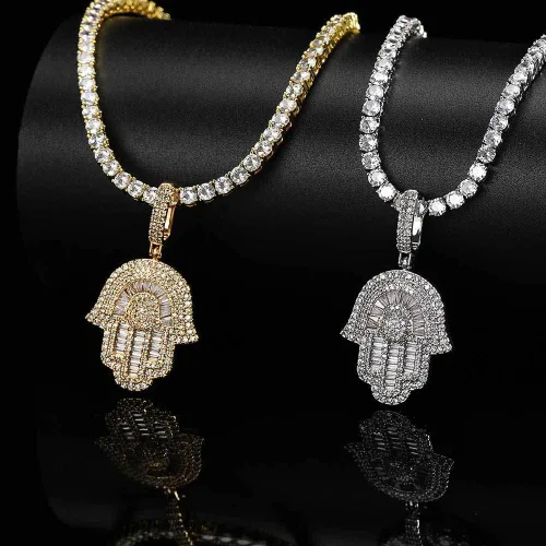 Miniatura 6 de Collar Hip Hop Hamsa para hombre, colgante de mano Hamsa de oro blanco de 18 quilates para mujer