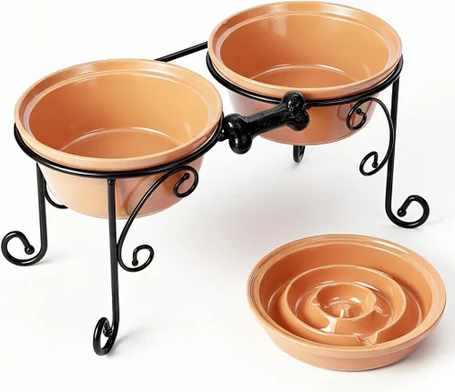 Soporte elevado para cuencos para perros con 3 cuencos grandes de cerámica, estación de alimentación elevada para perros medianos y grandes, incluye