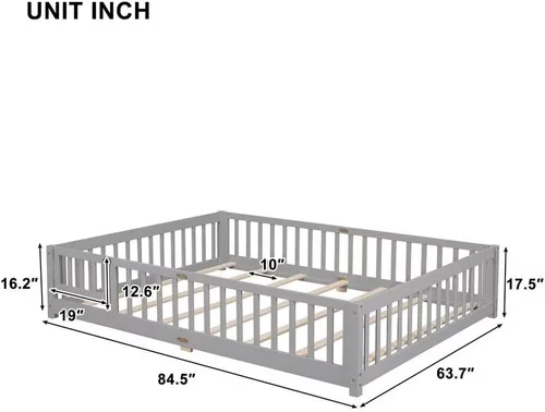 Miniatura 2 de Cama de suelo tamaño Queen, marco de cama Montessori de madera maciza con barandillas en forma de valla, puerta pequeña y listones de madera