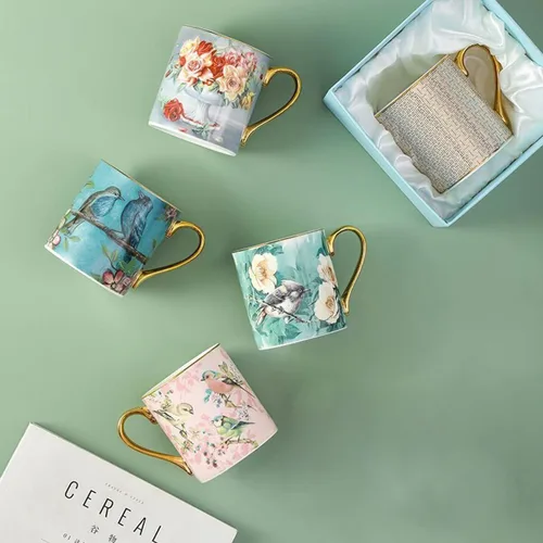 Miniatura 8 de Taza de café de porcelana de porcelana de hueso para la oficina de la cocina del hogar - Patrones de pájaros (azul)