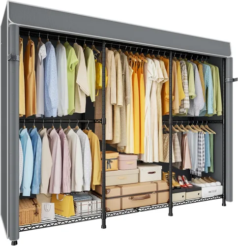 Miniatura 16 de ULIFHOME E14C - Sistema organizador de armario resistente, estantes de ropa independientes para colgar ropa, perchero ajustable de 58 pulgadas