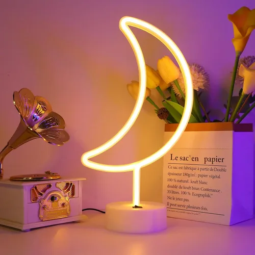 Miniatura 2 de ENUOLI lámpara de noche de neón LED de forma de luna blanca cálida con base de soporte, lámpara de neón de luna, alimentada por batería y USB, Moon