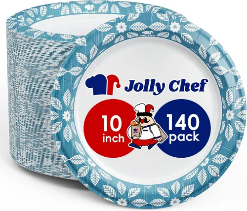 JOLLY CHEF - Platos de papel desechables de 10 pulgadas, paquete de 140 unidades, platos de papel impresos resistentes para uso diario, a prueba de