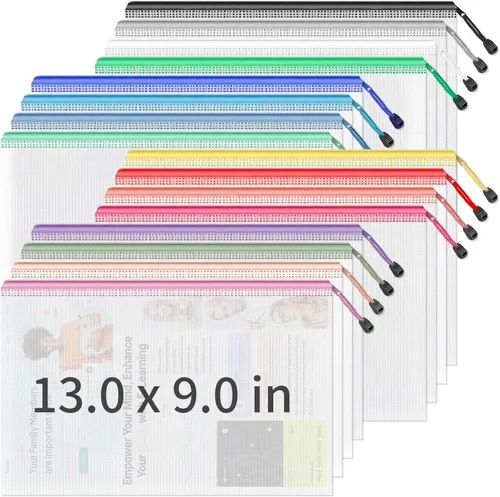 Umriox 16 bolsas con cremallera, bolsas de malla con cremallera, 16 colores A4 / bolsas de tamaño carta para organización, bolsas transparentes con