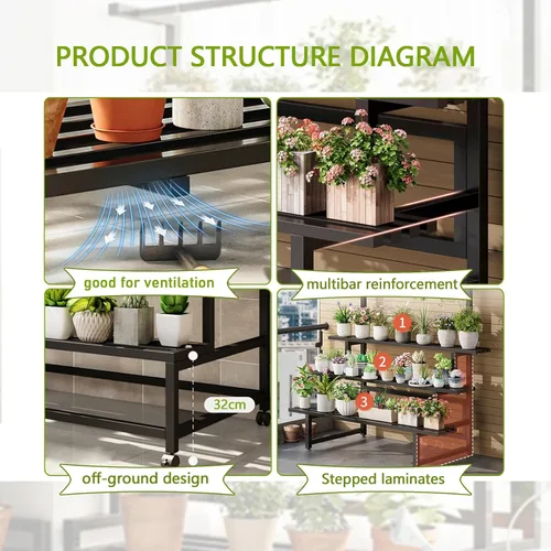 Miniatura 4 de Soporte de metal grande de 3 niveles, con estante alto para macetas colgantes, con rodillos resistente para plantas, para el hogar, jardín, sala