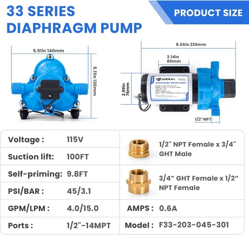 Miniatura 5 de Anbull Bomba de transferencia de agua de 110 V 4.0 GPM/45 PSI, bomba de diafragma de presión de refuerzo de agua industrial con adaptadores