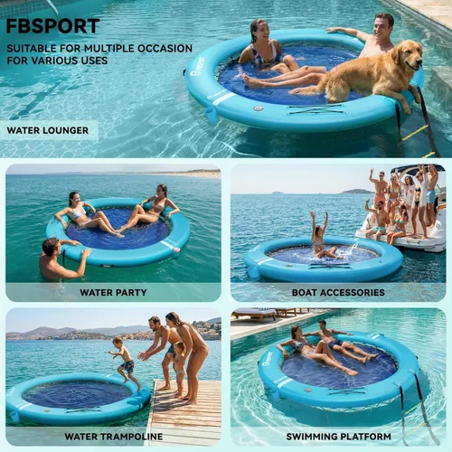 Miniatura 2 de FBSPORT Hamaca inflable de agua redonda flotante, 10/8/6 pies, plataforma flotante para lago con portavasos, flotador solar, balsa fría, anillo