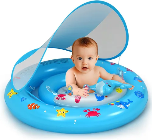 Flotador de piscina para bebé con toldo de protección solar UPF50+, flotador inflable de natación con consola de juegos de animales y bomba de aire