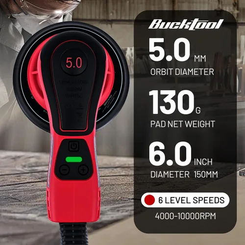 Miniatura 2 de Bucktool Lijadora orbital de 3.0 amp 6 pulgadas con motor sin escobillas, velocidad variable de 4000-10000, diámetro de órbita de 5mm, con control