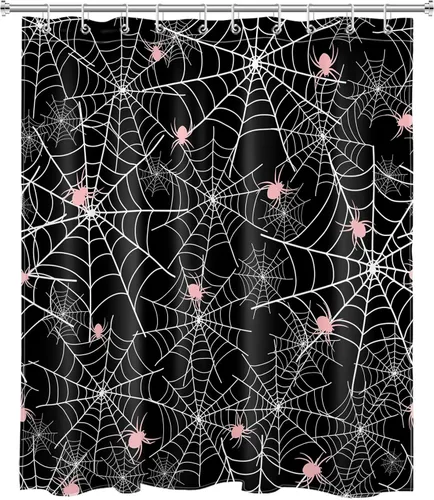 Miniatura 2 de EOBTAIN Cortina de ducha de Feliz Halloween para baño, arañas rosas aterradoras con telaraña sobre negro, cortina de ducha farbic con 10 ganchos