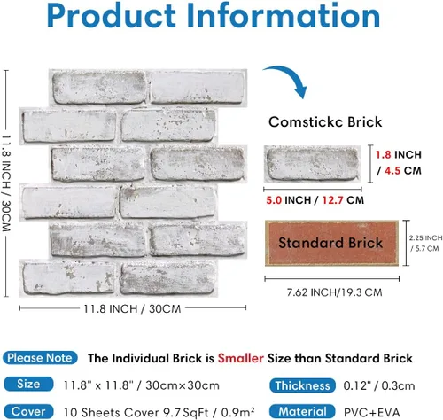 Miniatura 3 de COMSTICKC Paneles de pared de ladrillo sintético 3D para despegar y pegar, 10 piezas de 12 x 12 pulgadas, ladrillos pequeños blancos, papel tapiz