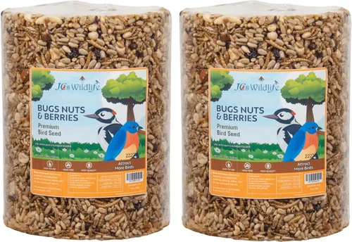 JCs Wildlife Bugs Nuts and Berries - Cilindro grande de semillas de aves con agujero, cero relleno para comederos exteriores, llaves de pájaros