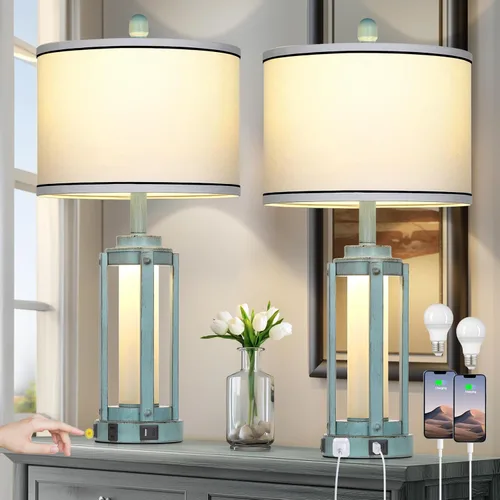 Miniatura 11 de Modern Table Lamps Set of 2, Industrial 3-Way Dimmable Bedside Lamp with USB A+C Ports & AC Outlet, 25" Touch Control Nightstand Lamp LED Night