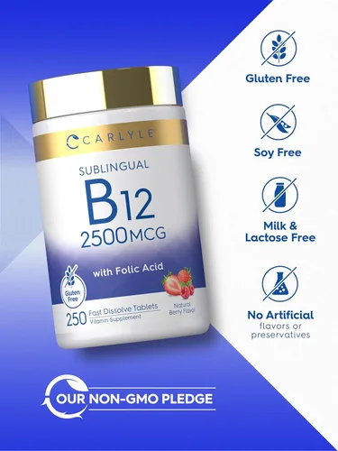 Miniatura 5 de Carlyle Vitamina B12 Sublingual 2500 mcg 250 tabletas de disolución rápida Suplemento de cianocobalamina con ácido fólico para adultos Sabor