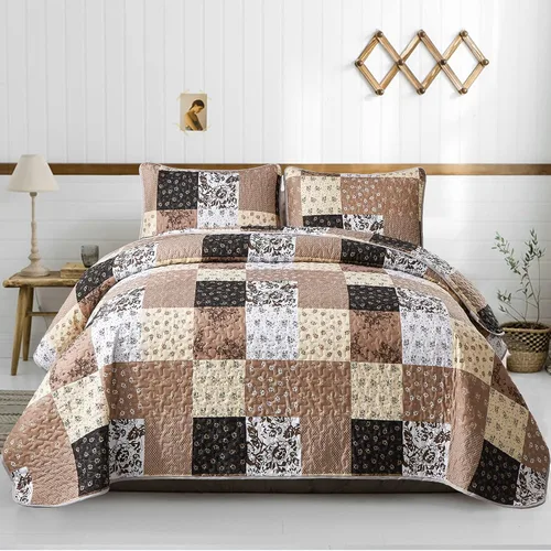 Miniatura 31 de Mybedsoul Juego de edredón bohemio beige tamaño individual, juego de colcha floral a cuadros de 3 piezas, juego de ropa de cama reversible