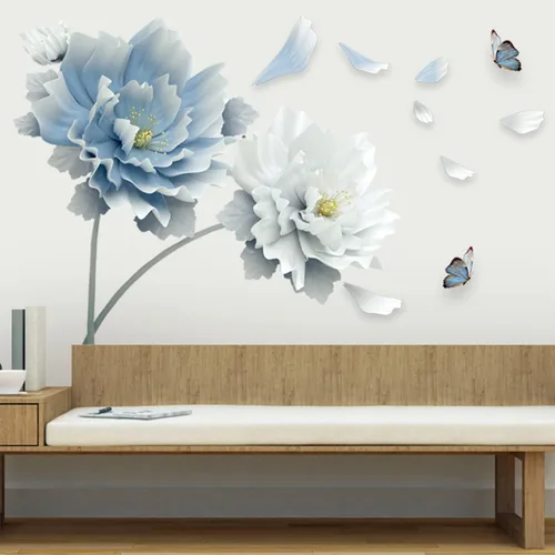 Miniatura 4 de Calcomanías de pared florales de mariposa de flores azules, calcomanías de pared para manualidades, murales, despegar y pegar, extraíble