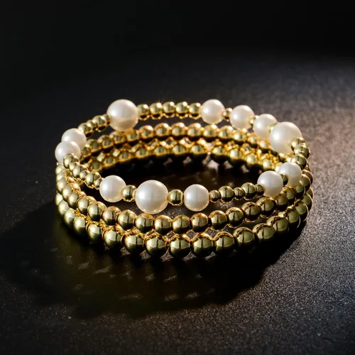 Miniatura 5 de Pulsera de cuentas de oro para mujer, apilable, chapada en perlas, juego de pulseras elásticas para mujer, a la moda