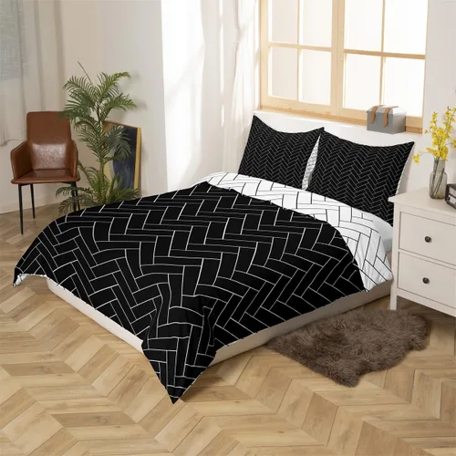 Miniatura 2 de Juego de funda de edredón geométrica negra Twin XL, juego de ropa de cama a rayas negras y blancas, moderno, suave, de lujo, de microfibra
