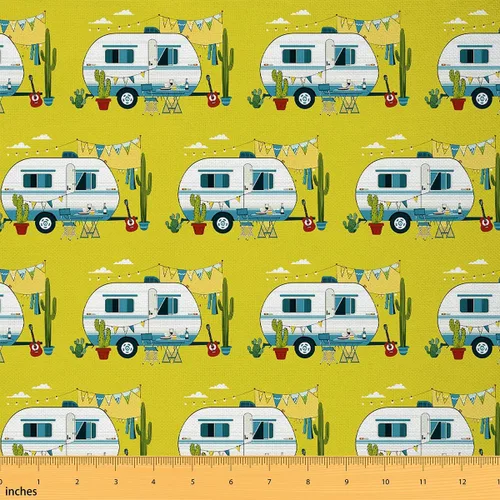 Tela de camping feliz por The Yard, tela de tapicería de cámper para sillas, tela decorativa de coche de dibujos animados para exteriores, tela