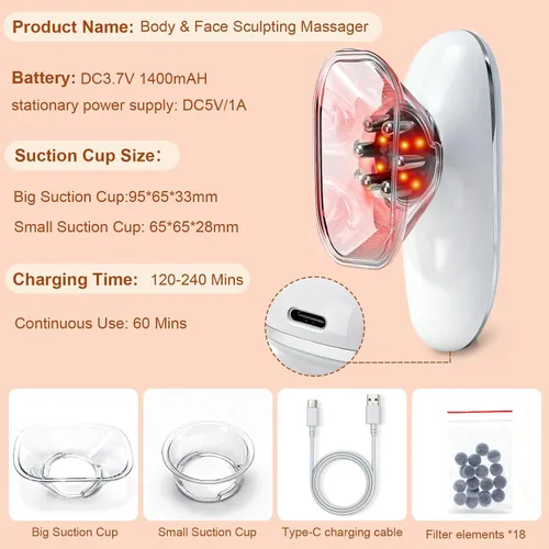 Miniatura 5 de 5-in-1 Electric Body Sculpting Massager - Red Blue LED Light Therapy & Microcurrent Tool with Oval/Round Suction Cups for Face & Body Tightening