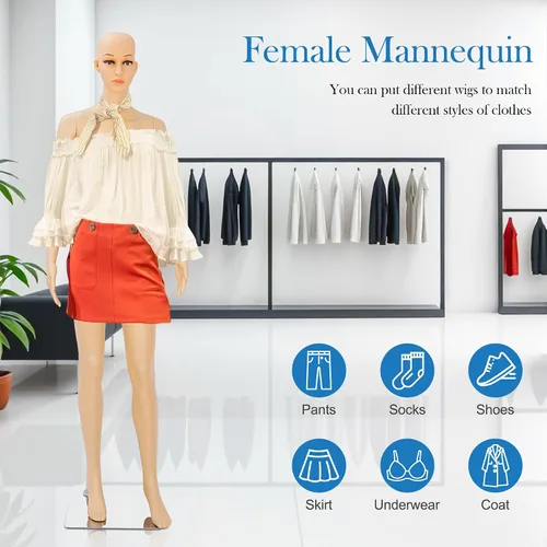 Miniatura 8 de Maniquí femenino de cuerpo completo con cabeza ajustable, extremidades flexibles, diseño desmontable de 69 pulgadas, forma de vestido con base