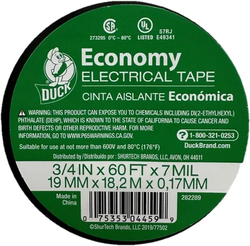 Cinta eléctrica económica Duck Brand, 0.75 pulgadas por 18.29 metros, rollo individual, color negro (282289)