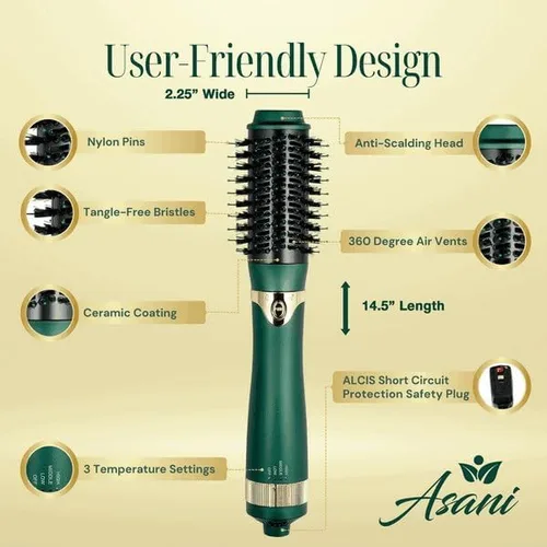 Miniatura 4 de Asani Cepillo de aire caliente multiusos - Secador de pelo con cabezales intercambiables para rizar, alisar y dar volumen, cepillo de peinado