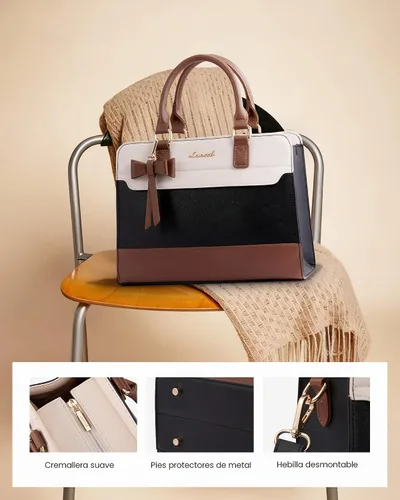 Miniatura 3 de LOVEVOOK Carteras para mujeres, Bolso tote de cuero y carteras, Bolso bandolera cruzado con asa superior con cremallera Negro/Blanco/Marrón