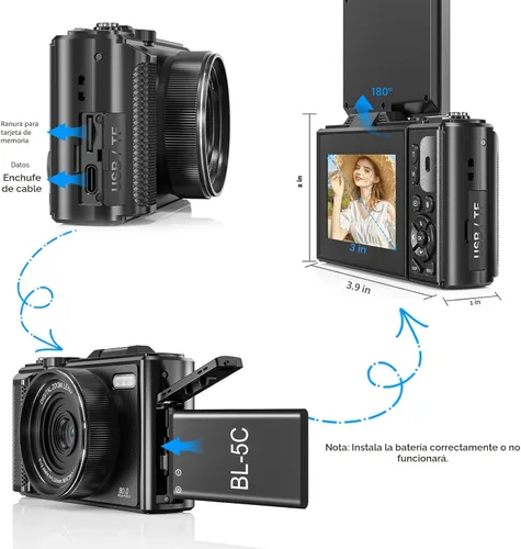 Miniatura 10 de Cámara digital 5K Vlogging para principiantes, cámara de viaje de 80 MP para fotografía con tarjeta de 32 GB, cámara compacta portátil con zoom